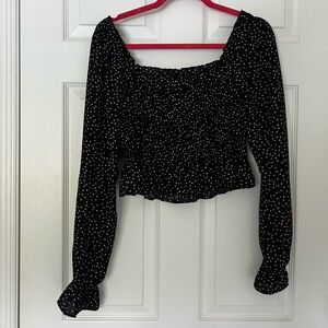 Long sleeve (optional off the shoulder) polka dot sheer top. Black or dark navy